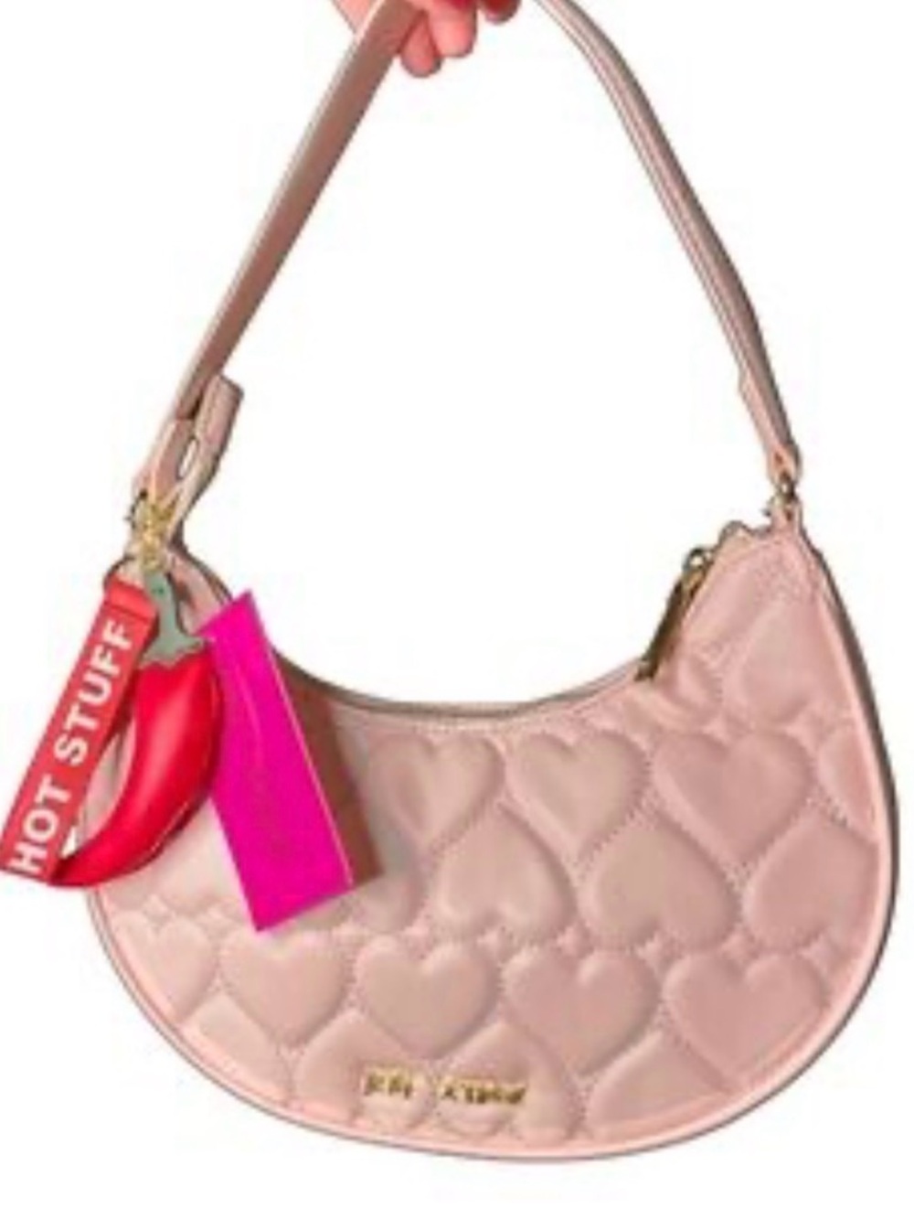 NEW Betsey Johnson Blush Pink Quilted Heart Shoulder Bag HOT STUFF CHILI PEPPER - Picture 2 of 11